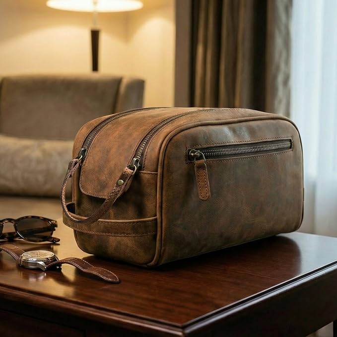 Rasavi Genuine Leather Travel Toiletry Bag, Handcrafted Vintage Water-Resistance Dopp Kit, Large Shaving & Bathroom Organizer - Gift for Men & Women - Distressed Brown - Image 8