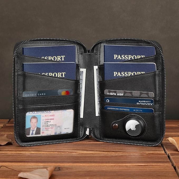 Polare Napa Leather Family Passport Wallet for 4 Passports, RFID Blocking Bifold Passport Cover Travel Document Organizer Holder (Black with AirTag Slot) - Image 9