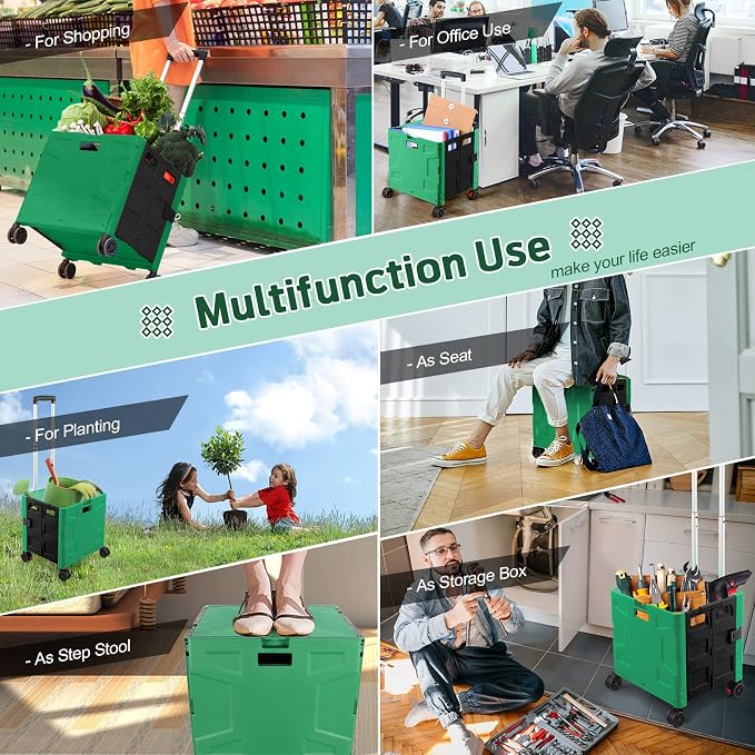 FELICON Folding Utility Cart Rolling Crate Handcart Basket-Dark Green+Black | Collapsible Hidden Lid,Plastic Box,Telescoping Handle,4 Rotate Wheels for Travel Shop Move Grocery Laundry Office Teacher Use - Image 7