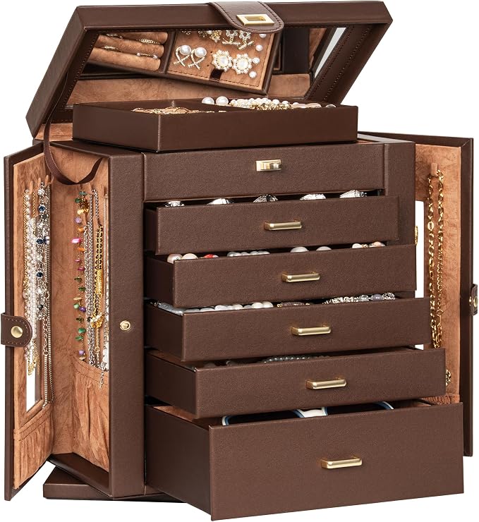 AKOZLIN 6-Tier Jewelry Box Organizer Functional 5 Drawers Leather Jewelry Storage Case for Women Girls Ring Necklace Earring Bracelet Holder Organizer with Mirror XL Brown 360° Rotating - Image 8