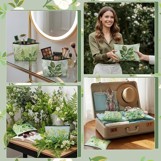 Sweetude 12 Pcs Green Flower Makeup Bags Bulk Green Plants Portable Travel Cosmetic Bags with Zipper Floral Waterproof Roomy Travel Toiletry Organizer Storage Beauty Pouch for Women Gifts - Image 6