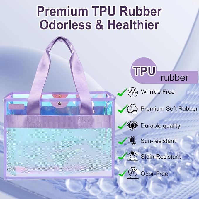 Iridescent Beach Bag, 2Pcs Large Clear Jelly Tote Bag for Women | Jelly Beach Bag, Purple & Pink, Waterproof & Sandproof, Zipper&Snap, Gym Pool Swim Bag Cruise Beach Essential for Family 2026 - Image 7
