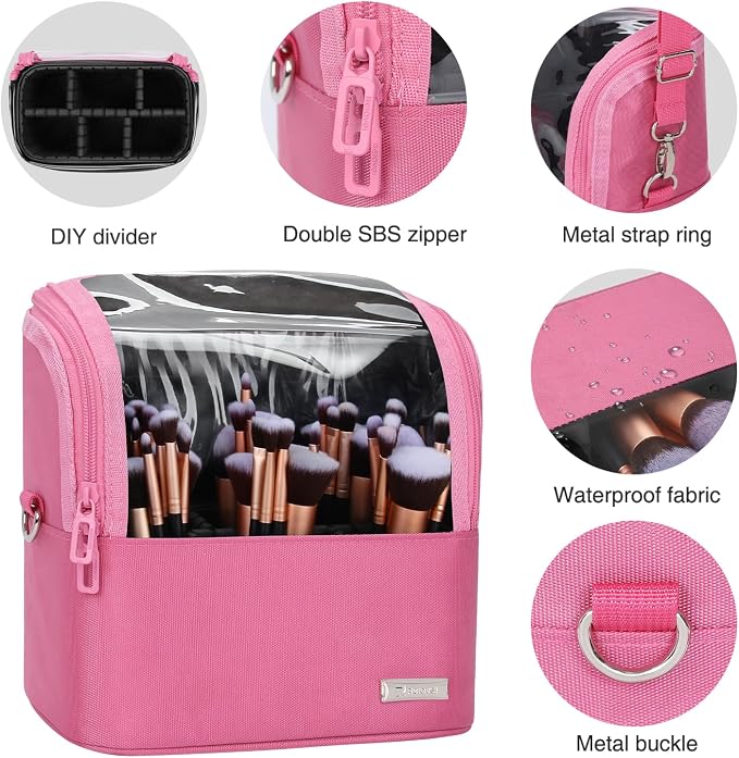 TANTO Makeup Brush Case Stand-up Makeup Cup Makeup Brush Holder Travel Professional Cosmetic Bag Artist Storage Bag Large Makeup Bag with Adjustable Divide (Rose Pink, 1-Large) - Image 7