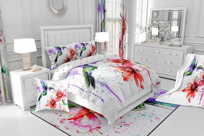 Hummingbird Duvet Cover Red Lotus Comforter Cover for Boys Girls Child Kids Colorful Tie Dye Bedding Sets,Vintage Abstract Art Design Duvet Cover Flowers Rustic Style Duvet Cover, Queen Size - Image 7