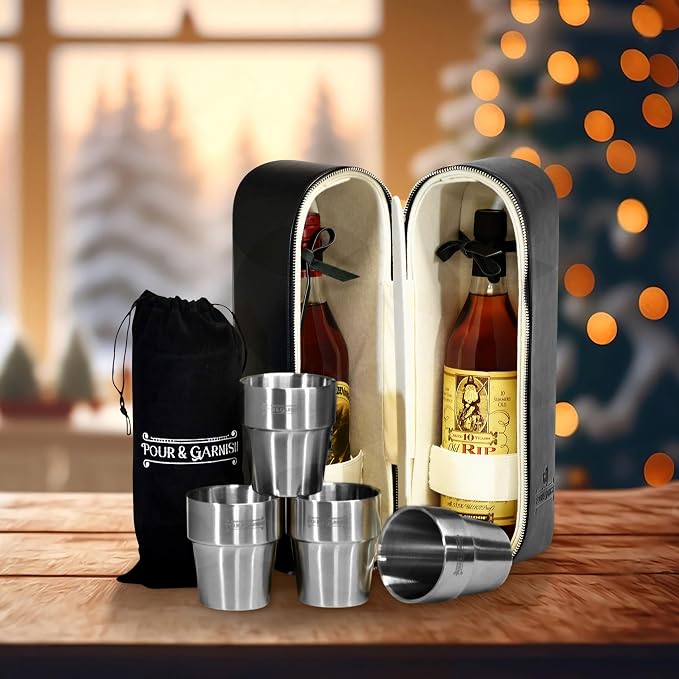 POUR & GARNISH Bourbon, Whiskey & Wine Double Bottle Travel Bag – Vegan Leather Spirits Carrier with 4 Stainless Steel Insulated Glasses & Gift Pouch – Luxury Barware Gift - Image 9