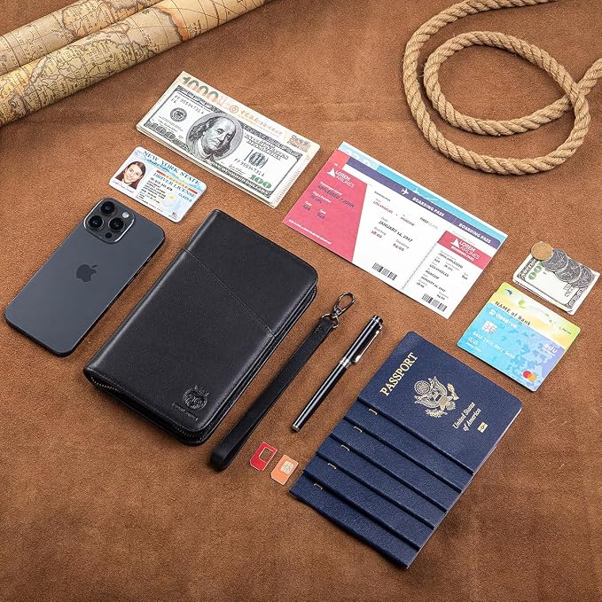 Passport Holder for Travel Family with Strap Genuine Leather RFID Blocking Travel Document Organizer Wallet with Pen Holder, Black - Image 7