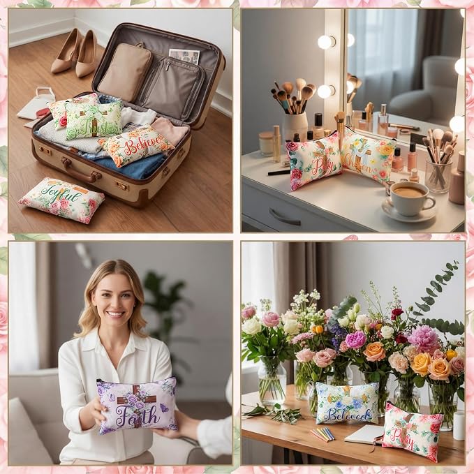 Sweetude 12 Pcs Christian Makeup Bags Bulk Religious Flower Cross Portable Travel Cosmetic Bags with Zipper Cross Waterproof Roomy Travel Toiletry Organizer Storage Beauty Pouch for Women Gifts - Image 5