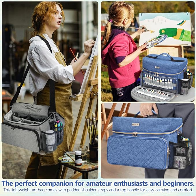 Art Supplies Organizer Storage Bag with Detachable Paint Brush Holder & Partition - Carrying Case for Home/Travel/Outdoor Fits Marks, Acrylic Paint, Palettes, Folding Buckets, Portfolios (Pro Blue) - Image 7