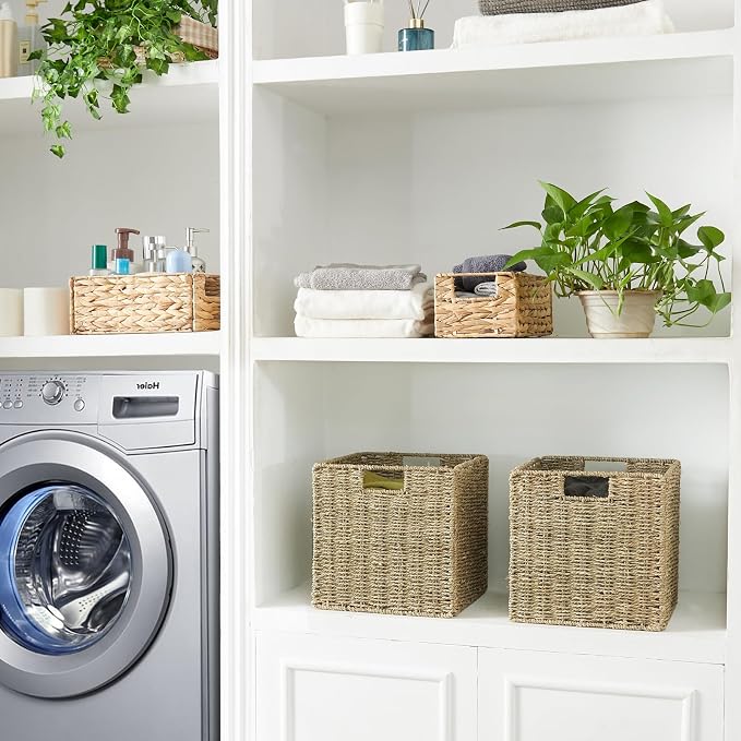 Vagusicc Wicker Storage Basket, Set of 2 Seagrass Storage Baskets, Foldable Wicker Basket 9 Inch Square Cube Storage Bins Storage Baskets for Organizing Shelf Baskets, 9''x9''x9'' - Image 7
