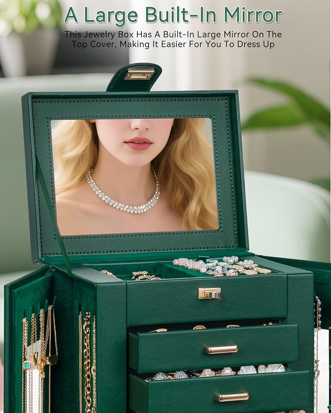 AKOZLIN 6-Tier Jewelry Box Organizer Functional 5 Drawers Leather Jewelry Storage Case for Women Girls Ring Necklace Earring Bracelet Holder Organizer with Mirror Green 360° Rotating - Image 8