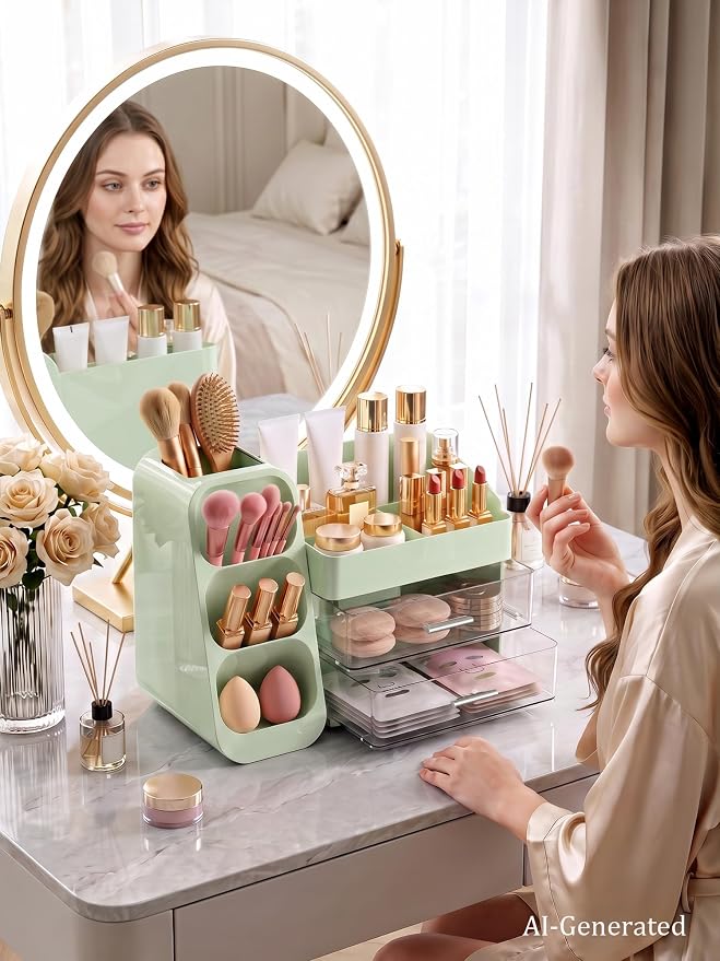 Makeup Organizer with Drawers,Large Capacity Countertop Organizer for Vanity,Bathroom and Bedroom Desk Cosmetics Organizer,Easy To Storage Skincare,Brushes,Lotions (Green) - Image 8