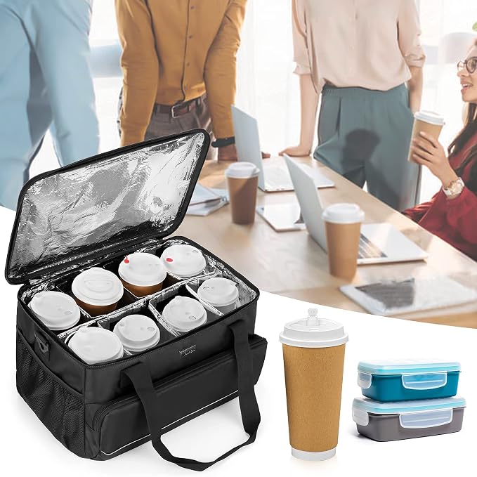 Trunab 8-Cup Drink Carrier for Delivery Insulated Tote Bag, Black | Adjustable Dividers, Handle & Shoulder Strap,Reusable for Beverages,Food Take Out,Outdoors - Image 8