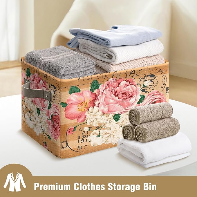Vintage Rose Floral Foldable Baskets Storage Bins with Handles, Decorative Cloth Organizer Storage Boxes 2 sets - Image 8