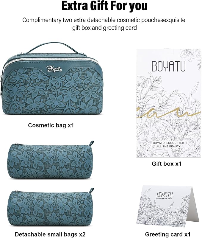 BOYATU Travel Makeup Bag Cosmetic Bags for Women: Large Capacity 3 Pcs Set Make up Bag with Compartments - Waterproof Vegan Leather Toiletry Organizer Bags with Handle (Z-63Blue) - Image 6