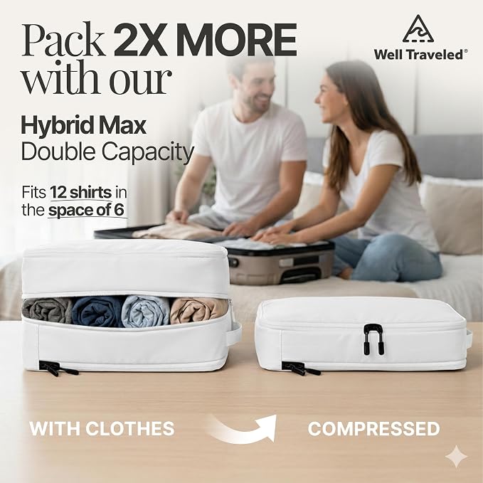 Well Traveled 4 pcs Compression Packing Bags Cubes Set with HybridMax Double-Capacity Design - Packing Cubes for Travel Compression to Maximize Limited Luggage Space, White - Image 8