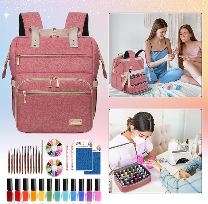 LTINVECK Nail Polish Organizer Case Backpack Holds 70 Bottles (15ml/0.5fl.oz)& Nail Lamp, 2 Layers Detachable Nail Kit Storage Case, Large Travel Nail Supplies Shoulder Bag for Manicure Tools (Pink) - Image 7