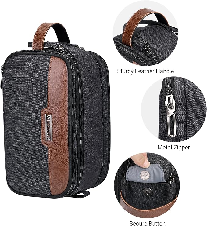 WITZMAN Canvas Toiletry Bag for Men Travel Toiletries Large 7L Dopp Kit | Multi-pockets with Dry-wet Pocket, Side Handle for Hanging, Lightweight, For Daily Use, Bathroom, Make up, A8002 Black - Image 7