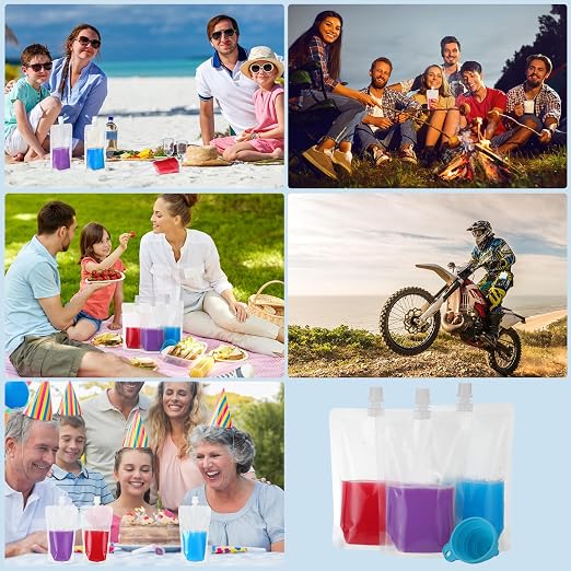 Patelai 150 Pieces Plastic Liquid Pouch Reusable Juice Pouches Travel Water Leak Proof Bags Bulk with Collapsible Silicone Funnel for Travel Outdoor (12 oz) - Image 6