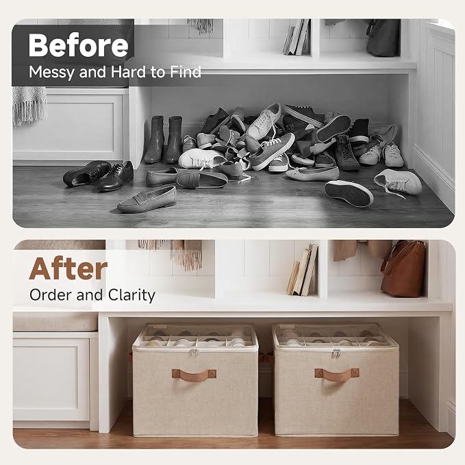 StorageWorks Shoe Organizer for Closet, Shoe Cubby Storage Containers with Adjustable Dividers and Clear Cover, Foldable Shoe Storage Box for Sandals, Sneakers, Fits up to 16 Pairs, Taupe | Fits up to 16 Pairs - Image 8
