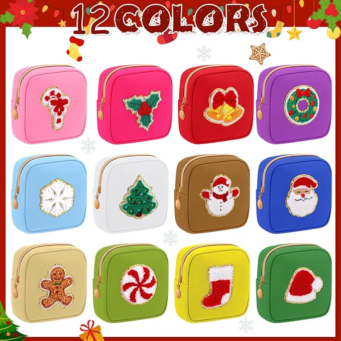 Abbylike 12 Pcs Christmas Preppy Patch Makeup Bags Bulk Holiday Makeup Bag Skincare Pouch Xmas Zipper Cosmetic Pouch Preppy Thing for Travel Christmas Women Gift (Classic,Assorted Colors) - Image 7