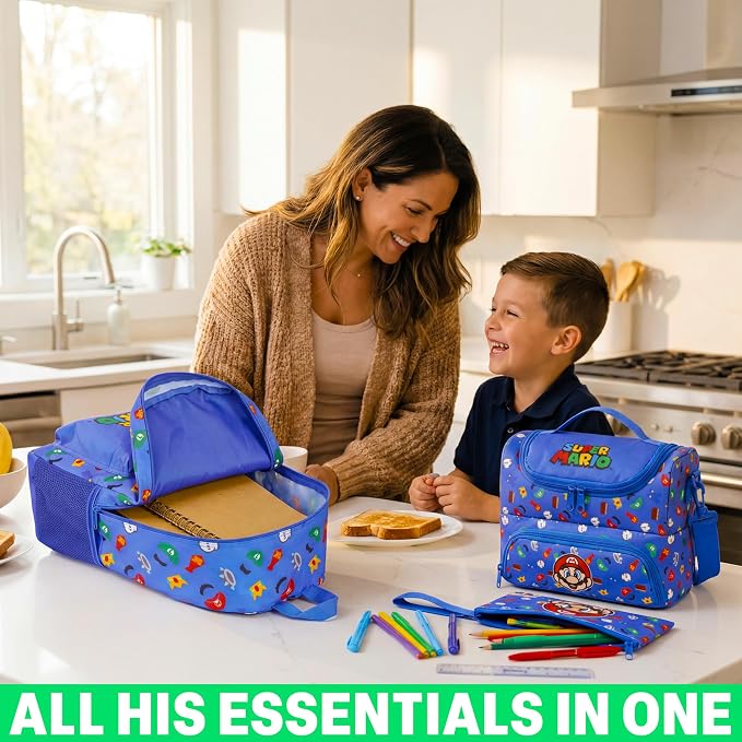 Get Trend Super Mario Boys Backpack, Lunch Bag & Pencil Case, 3 Piece Set | 18in Bookbag, Adjustable Padded Straps, Lightweight Insulated Lunch Bag, Pencil Pouch, School Supplies, Gamer Gifts for Boys - Image 6