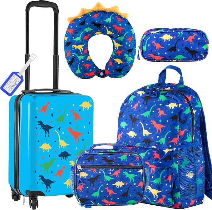 Redbaker 6 Pcs Kids Luggage Set, 17 Inch Rolling Suitcase with Backpack Lunch Bag Neck Pillow, Blue Dinosaur Travel Set for Summer Vacation Sleepover Back to School Gift - Image 8