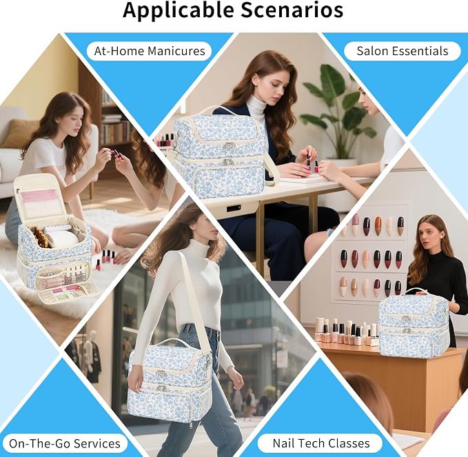 CUBETASTIC Nail Polish Organizer & Storage Bag for 48 Bottles & Full-Size Lamp, Double-Layer Travel Case Box for Nail Supplies, Manicure Kit & Pedicure Tools (Blue Floral, 48 Slots) - Image 7