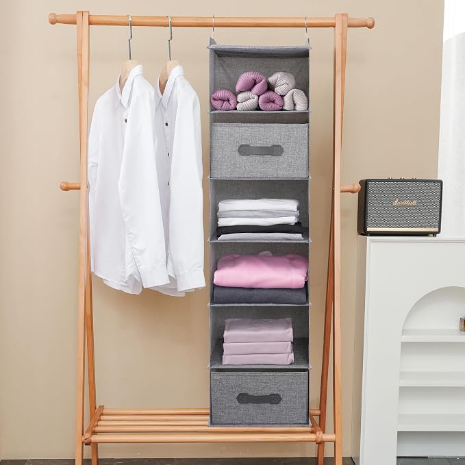 Large Hanging Sweater Organizer for Closet,Collapsible 6-Shelf Hanging Closet Shelves with Drawers, Washable (Grey-6 Shelf-2 d) - Image 7