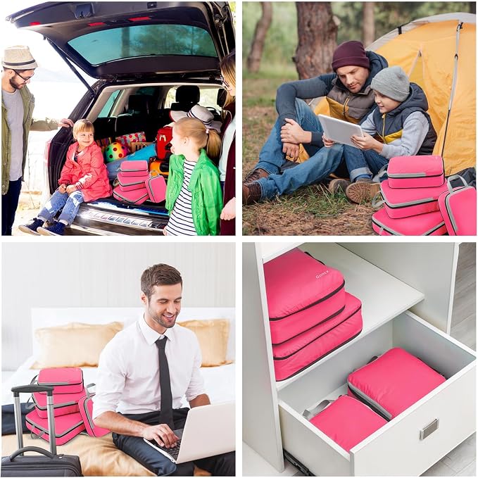 Gonex Compression Packing Cubes, 4pcs Expandable Storage Travel Luggage Bags Organizers (Bright Pink) - Image 9