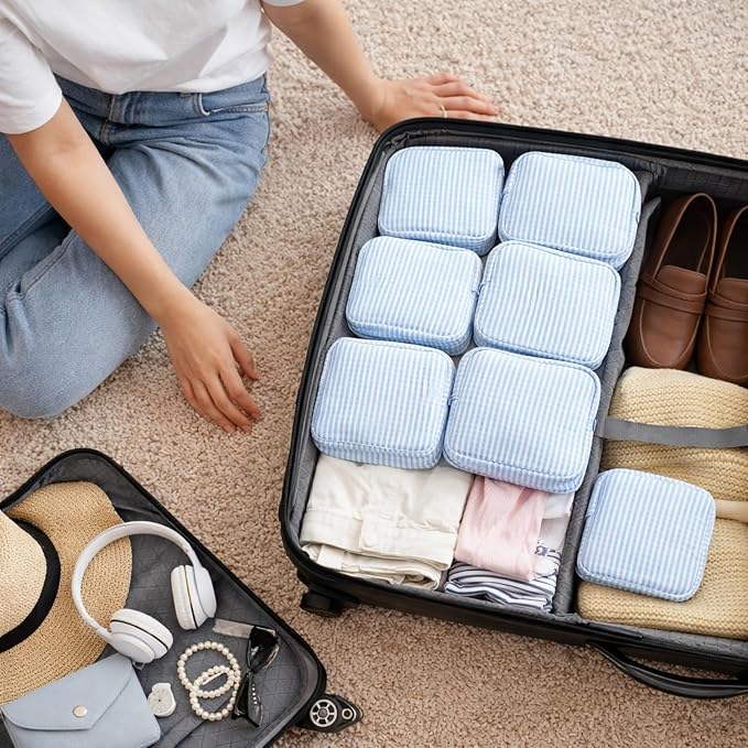 Giesiery 8 Pcs Seersucker Makeup Bags Striped Cosmetic Bags Bulk Organizer for Women Preppy Travel Toiletry Pouch for Wedding Bridesmaid Gifts (Blue, Mini) - Image 7