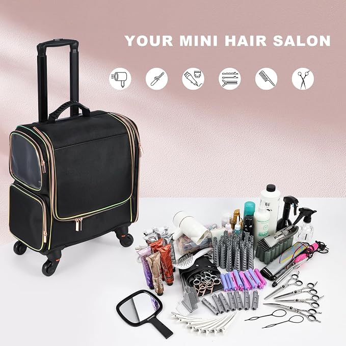 Stagiant Rolling Makeup Train Case, Professional Makeup Case, Travel Cosmetic Organizer Make Up Storage Bag for Makeup Artist, Hairstylist, Barbers, with 5 Toiletry Bags, Black - Image 8
