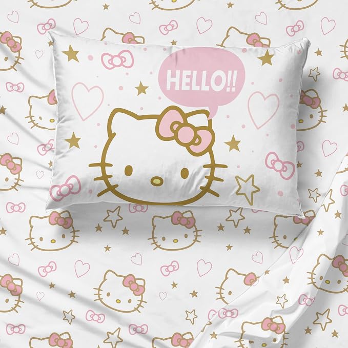 Jay Franco Sheet Set with Fitted, Flat Sheets & Pillow Cover - Ultra-Soft Bedding with Pillowcase for Room Decor, Pink - Hello Kitty, 4 Piece Queen - Image 7