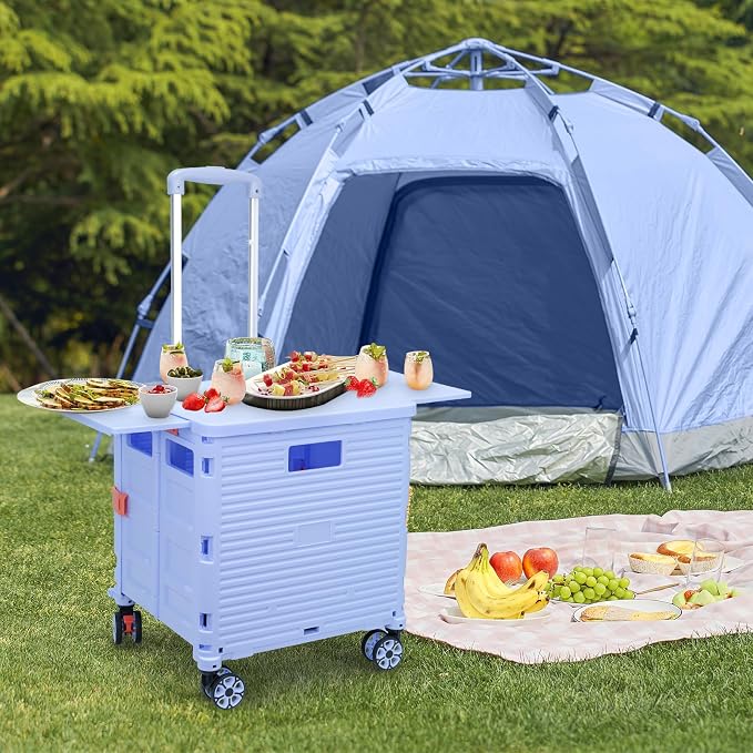 FELICON SELORSS Folding Utility Cart Portable Rolling Crate Handcart-Blue | Magnetic Sliding Lid,Telescoping Handle,Plastic Box Dolly,360°Swivel Wheels for Travel Shop Move Laundry Office Teacher Use - Image 7