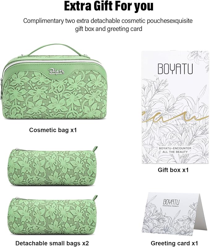 BOYATU Travel Makeup Bag Cosmetic Bags for Women: Large Capacity 3 Pcs Set Make up Bag with Compartments - Waterproof Vegan Leather Toiletry Organizer Bags with Handle (Z-65Light Green) - Image 6