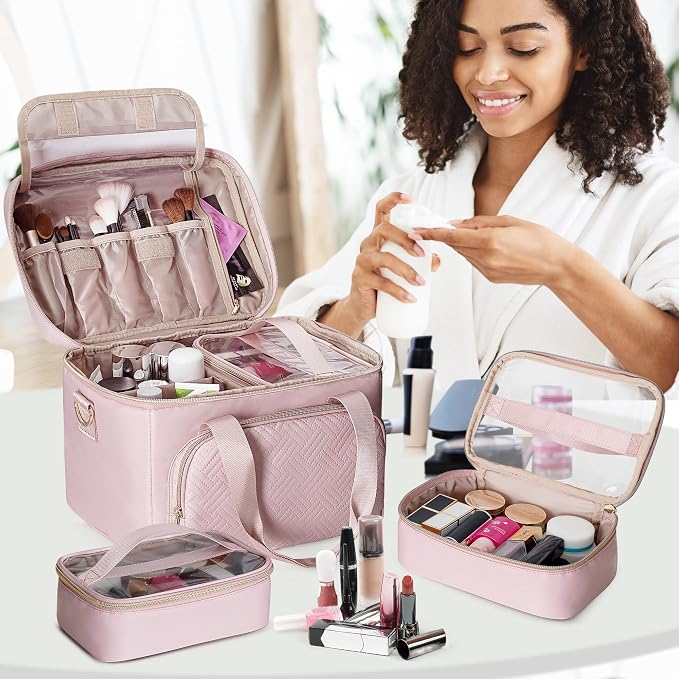 Large Makeup Bag for Women, Cosmetic Case, Travel Makeup Organizer | Large Cosmetic Case with 2 Pouches & Adjustable Dividers, Makeup Organizer Fits Bottle Vertically, Portable Travel Accessory - Image 7