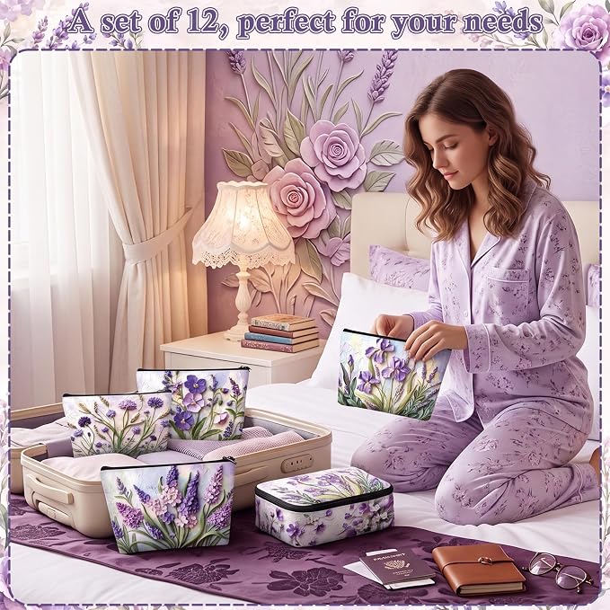 Sweetude 12 Pcs Purple Relief Flower Makeup Bags Bulk Purple Portable Travel Cosmetic Bag with Zipper Oil Painting Floral Waterproof Roomy Travel Toiletry Organizer Storage Beauty Pouch for Women Gift - Image 6