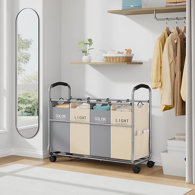 Tajsoon Laundry Sorter 4 Sections with Removable Bags, Beige & Grey | Laundry Separator Hamper with Heavy Duty Lockable Rolling Wheels, Laundry Divider for Dirty Clothes Storage - Image 8
