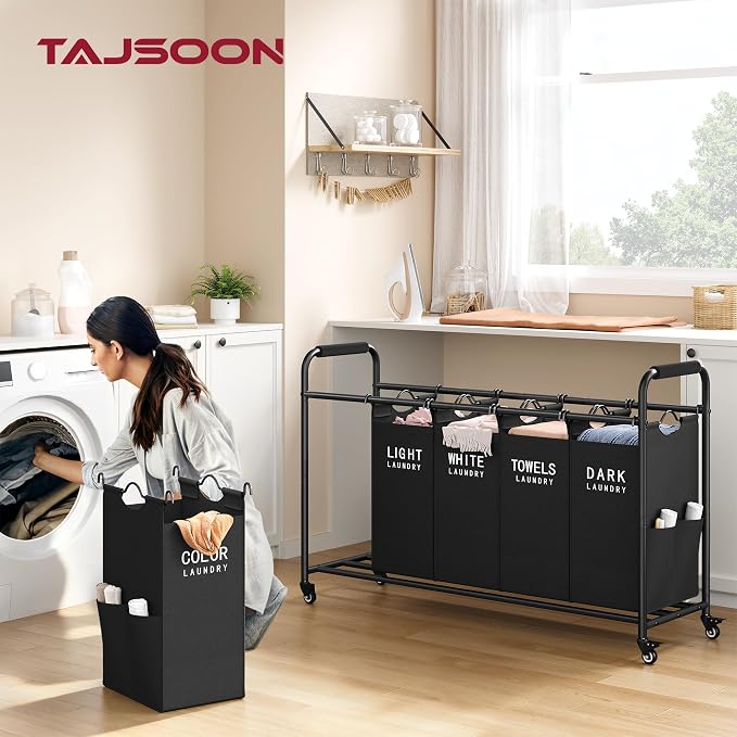 Tajsoon 5 Bag Laundry Sorter Cart, 5 Section Laundry Hamper with Heavy Duty Rolling Lockable Wheels, Laundry Basket Organizer with Removable Bags for Dirty Clothes Storage, Black - Image 8