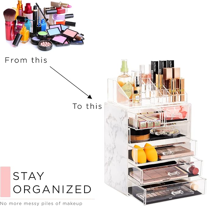Sorbus Acrylic Makeup Organizer Set, 6-Drawer Vanity & Countertop Cosmetic Storage with Small & Wide Compartments, Marble Print Makeup Storage for Brushes, Jewelry – Holiday Gift for Women & Teens - Image 7
