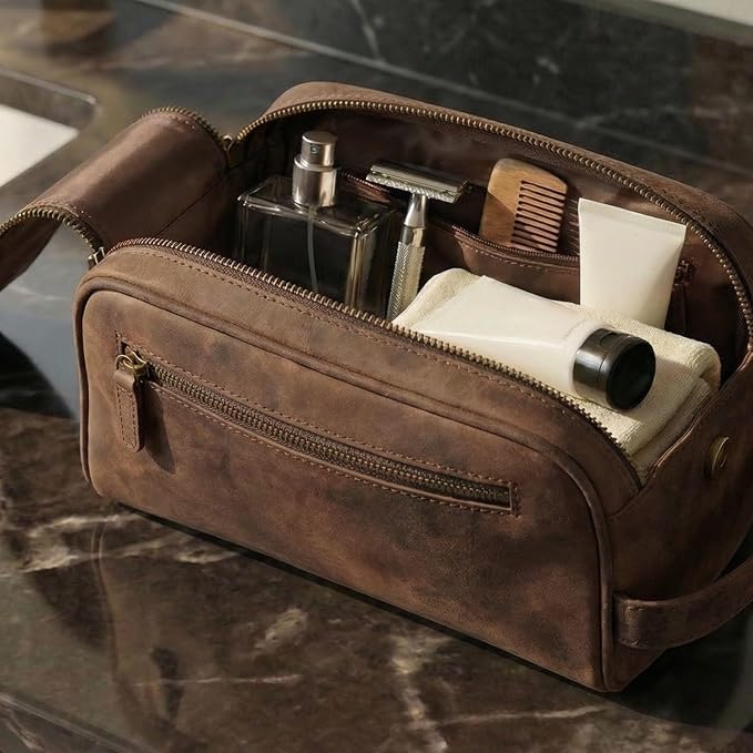 Leather Toiletry Travel Bag with Waterproof Lining, Large Capacity Vintage Dopp Kit, Shaving & Cosmetic Organizer for Men & Women - Brown - Image 9