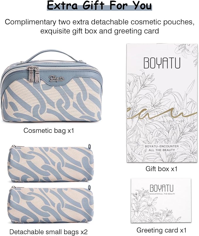 BOYATU Travel Makeup Bag for Women: Large Capacity 3-Piece Cosmetic & Toiletry Organizer - Expands Storage by 50% with 2 Detachable Pouches,Opens Flat for Easy Packing,Waterproof PU Leather(Blue) - Image 9