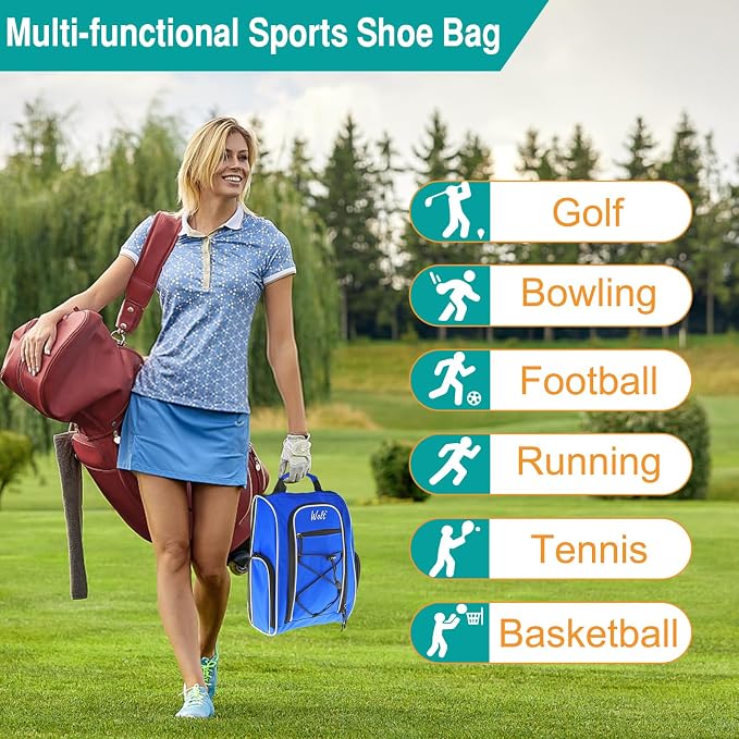 Wolt | Golf Shoe Bag for Travel- Zippered Shoes Carrier Bags with Ventilation & Double Outside Accessory Pocket for Socks, Tees, Golf Balls, Etc. for Women and Men (Blue) - Image 6