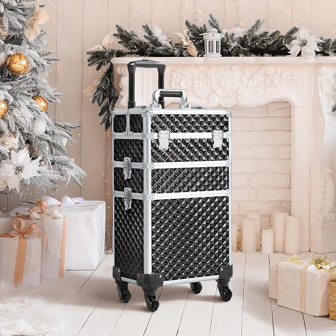 Yaheetech Rolling Makeup Train Case 3 in 1 Cosmetic Case Large Capacity Organizer with Swivel Wheels Key Cosmetic Trolley for Nail Tech Makeup - Black - Image 9