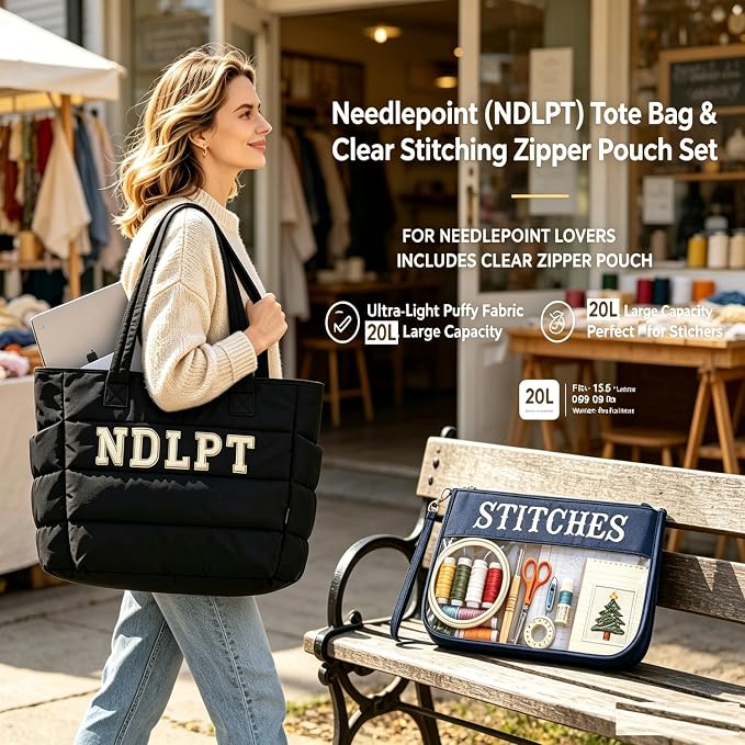 Needlepoint (NDLPT) Tote Bag & Clear Stitching Zipper Pouch Set (Black) | Lightweight Puffy Project Bag for Embroidery Sewing Craft Storage Organizer – Gifts for Stitchers - Image 7