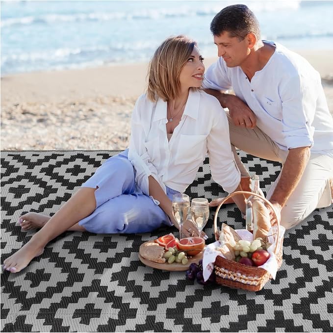 Outdoor Rugs, Outdoor Plastic Straw Rug, Reversible Waterproof Carpet for Camping, Poolside, Garden, BBQ Area, Gazebo Flooring, RV Park & Beach, Square Pattern, Black & Light Gray, 5'x8' - Image 7
