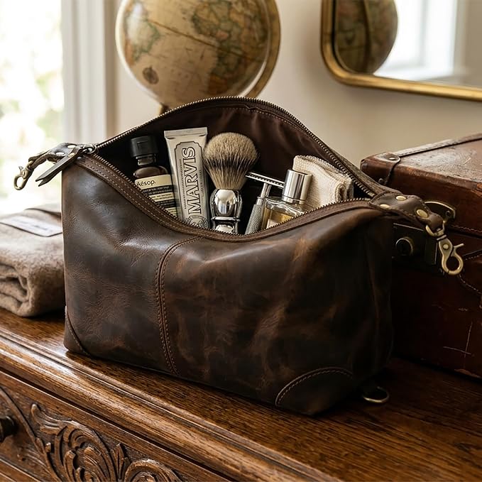 RUSTIC TOWN Full Grain Leather Toiletry Bag for Men & Women – Handcrafted Travel Dopp Kit – Large Water-Resistant Makeup & Shaving Organizer, Hunter Brown - Image 7