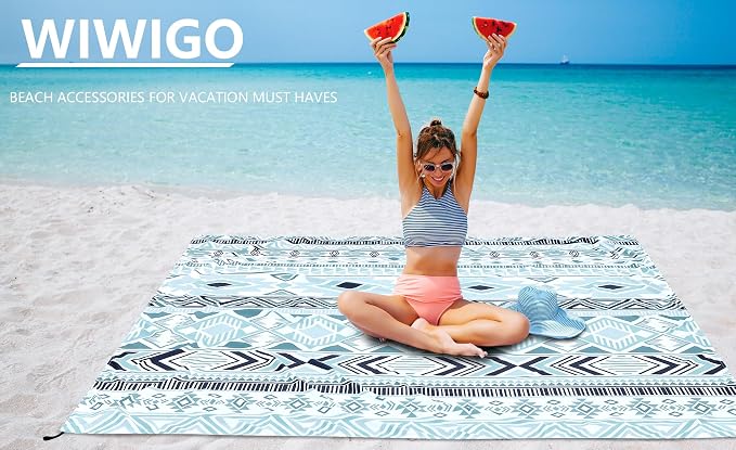 WIWIGO Beach Blanket Sandproof Extra Large Beach Mat Adults Waterproof Quick Drying Sand Free Mat Made by Premium Polyester with 4 Stakes & 4 Corner Pockets for Outdoor Travel Camping Hiking - Image 5