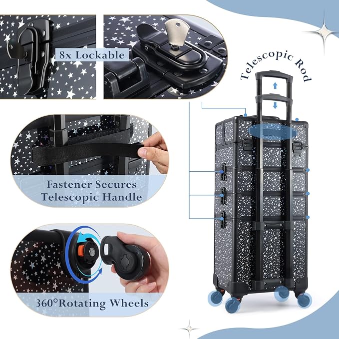 Stagiant Rolling Makeup Case Cosmetology Case on Wheels 4 in 1 Large Makeup Travel Case Nail Kits Organizer Train Case with Key Make Up Artist Salon Storage Traveling Cart Trunk Black Star - Image 7