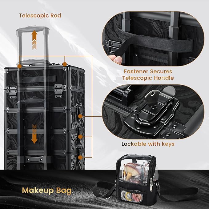 Stagiant Rolling Makeup Case 4 in 1 Cosmetology Case on Wheels Makeup Travel Case with Cosmetic Bag Key Swivel Wheels Salon Barber Case Traveling Cart Trunk Cosmetic Trolley Alpine Black - Image 8