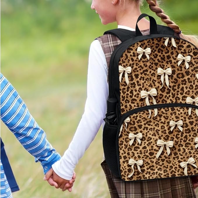 Bow Leopard Backpack for School Girls Cheetah Print Kids Bookbag Set Brown Leopard Skin School Backpack with Lunch Box Pencil Case Water Bottle Carrier Bag Travel Laptop Backpack 4Pcs - Image 7